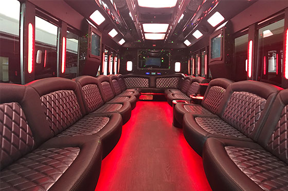 modern wraparound couches on a bus